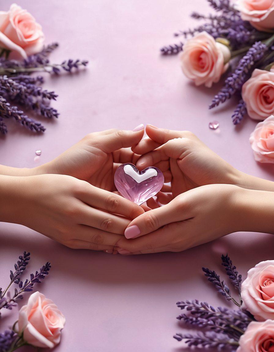 A serene and intimate scene of two hands gently touching, symbolizing connection and affection, surrounded by soft pink and lavender hues. Background blurred heart shapes float softly, conveying warmth and intimacy. Include subtle floral elements, like lavender sprigs and rose petals, enhancing the romantic atmosphere. The overall mood should evoke feelings of love and intimacy. super-realistic. vibrant colors. soft focus.