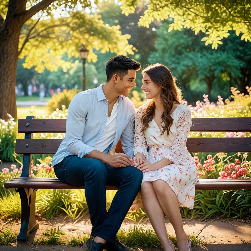 A warm, inviting scene depicting a couple sitting together in a cozy, sunlit park, sharing a heartfelt conversation. Surround them with blooming flowers, gentle trees, and soft sunlight filtering through the leaves, creating an atmosphere of love and connection. Include elements like intertwined fingers and soft smiles to emphasize affection. super-realistic. vibrant colors. soft focus.